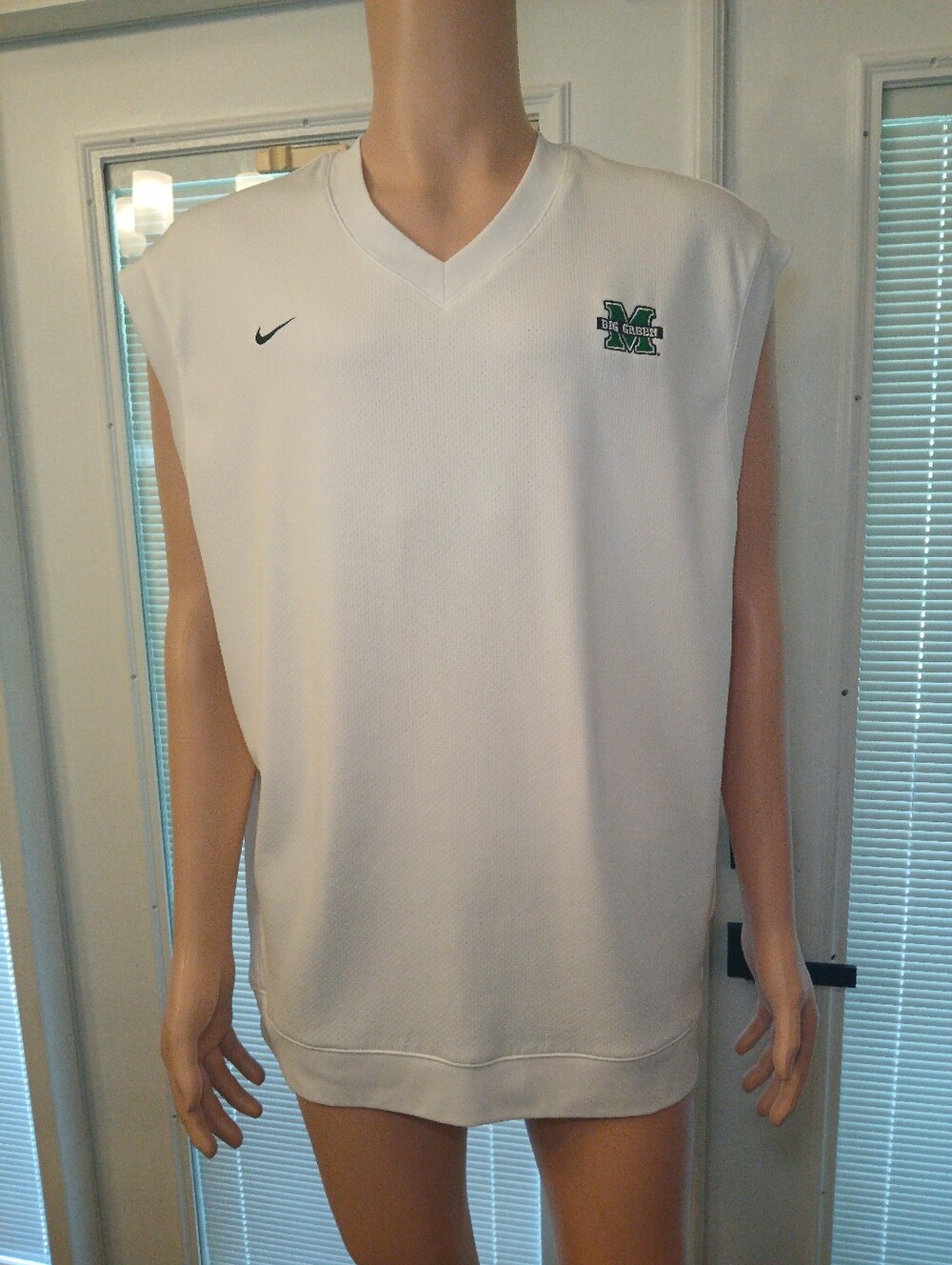 Nike Men’s White Sleeveless V-Neck Performance Shirt with Big Green Logo